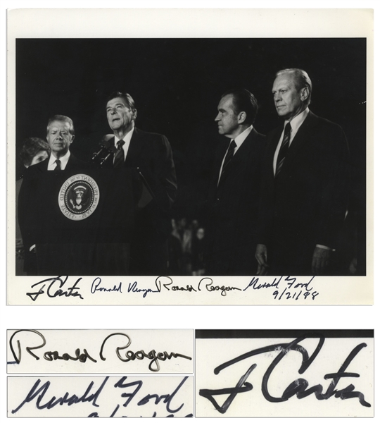 Three Presidents Signed Photo -- Ronald Reagan, Jimmy Carter & Gerald Ford Sign This 10'' x 8'' Photo